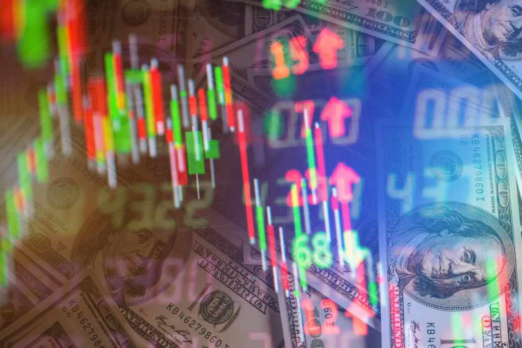 A imagem tem várias setas, números e candles de gráficos com notas de dólares e outros números ao fundo para mostrar a movimentação do IPO